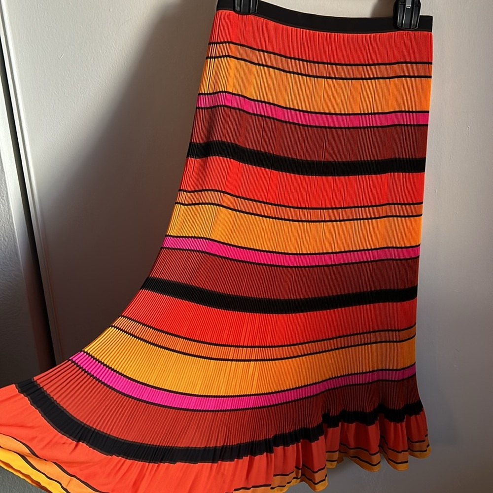 NWT J. Crew Pleated Tea Length Ruffle Bright Preppy Striped Skirt - Picture 3 of 13